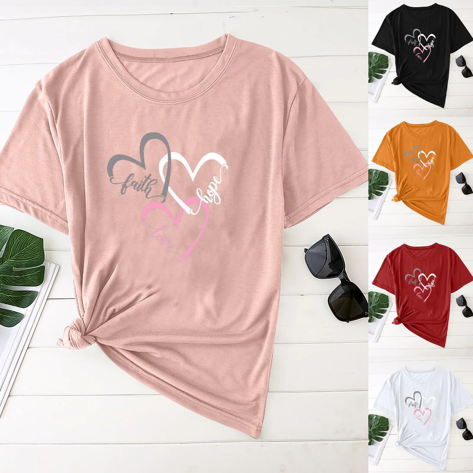 

5#Valentine'S Day Printed Shirt Women Casual Short Sleeve O-Neck Tops Tee Shirt Ladies Loose Base Black Heart Print Clothing