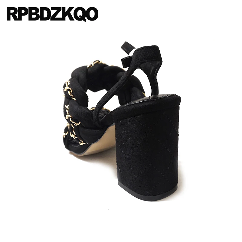 блок открытые носки обувь для каблуков черный толстый оранжевый дизайнер цепь