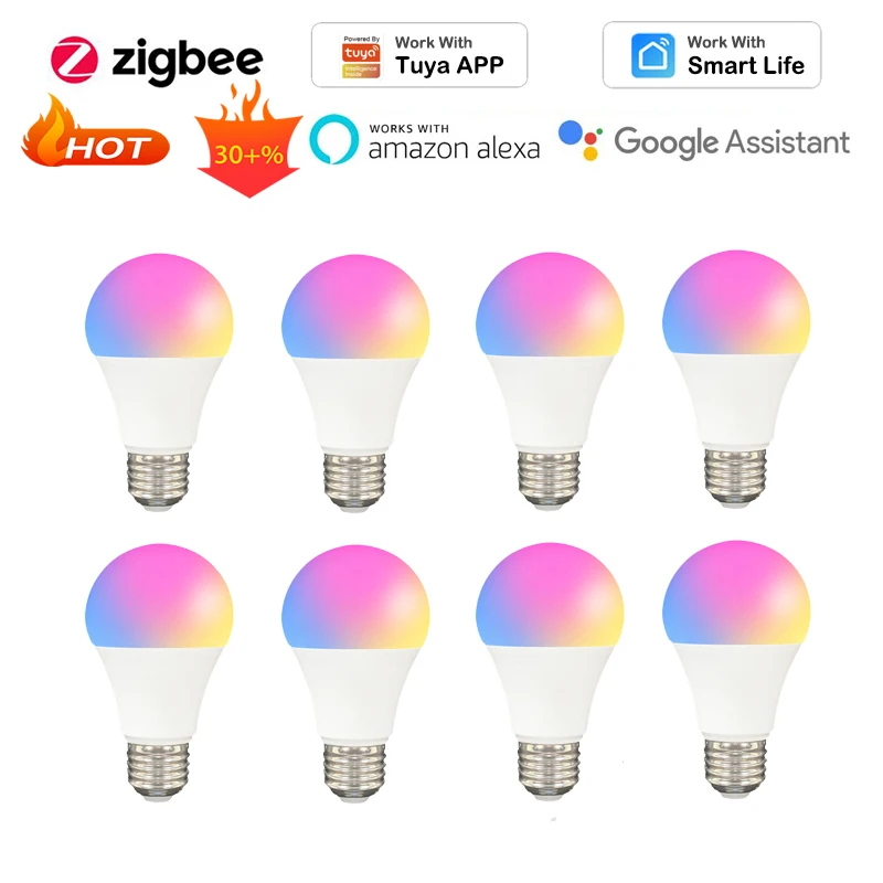 

Умная лампа Tuya Zigbee 9 Вт E27 RGB + CW светильник лампа для умного дома, с дистанционным управлением через приложение, работает с Alexa Google Home, голосово...