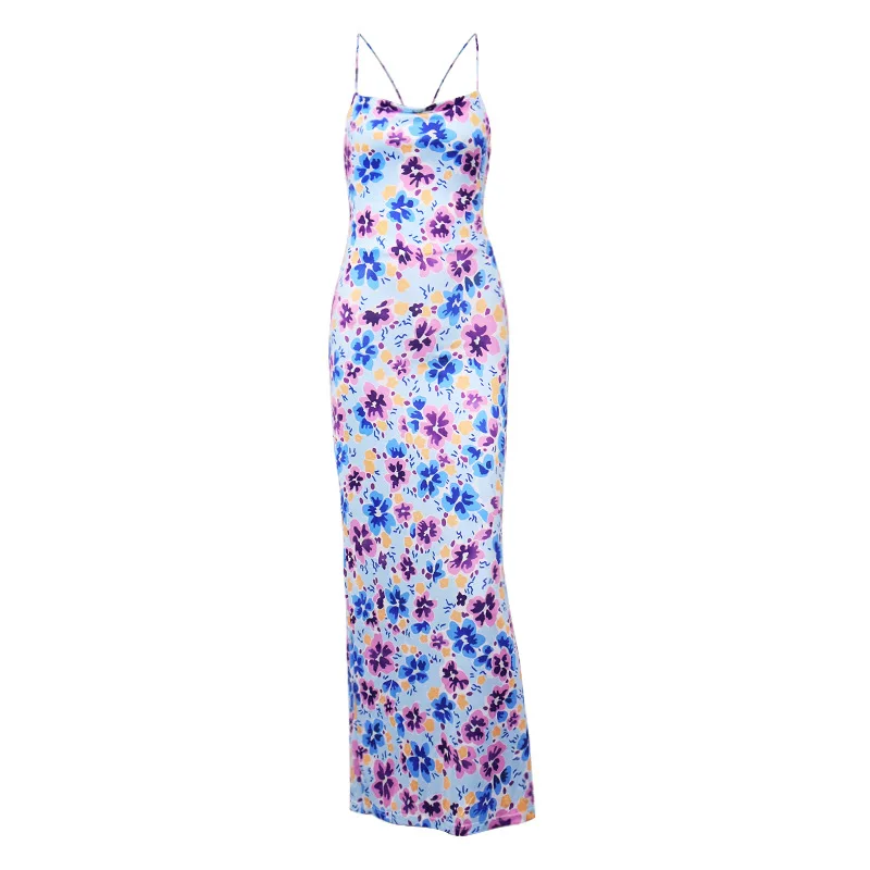 

2021 Spring and Summer New Women's Sexy Printed Lace-up Collar Halter Suspender Long Skirt Dress