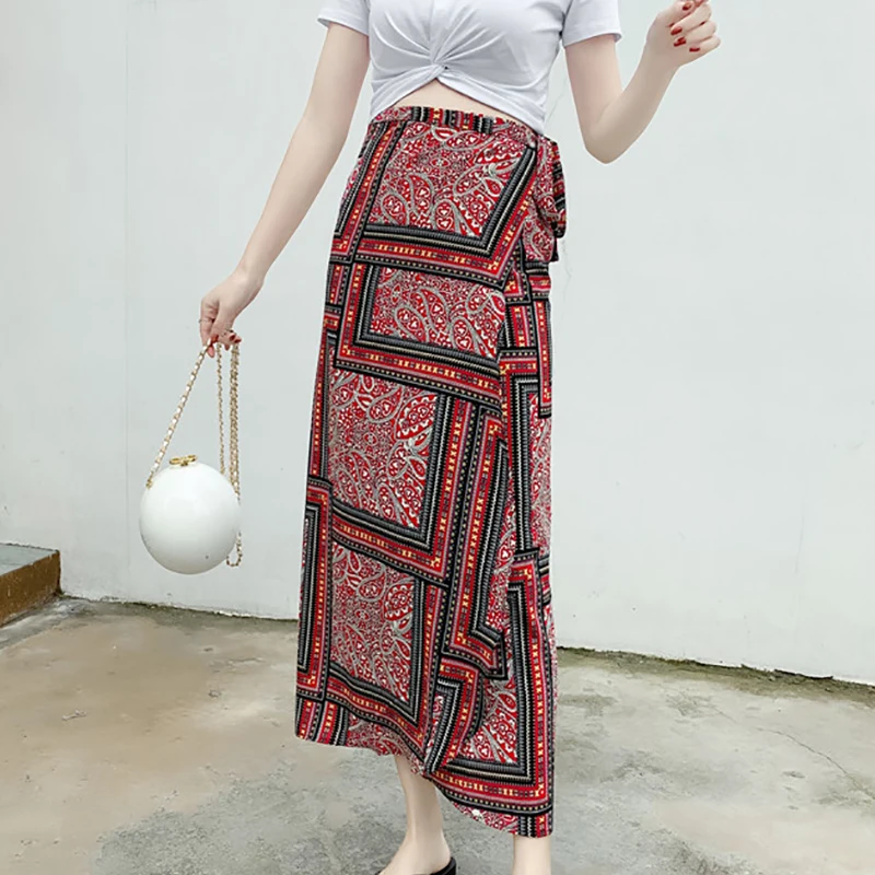 

Summer New Fashion Womens Skirt High Waist A-Line Buttocks Prairie Chic Falda Midi Geometric Lace-up Chiffon Slit Skirts Female
