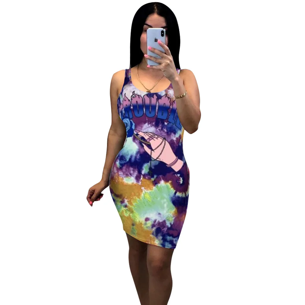 Фиолетовый Новинка, женское летнее платье, с принтом "tie dye galaxy", без рукавов принт буквы, облегающее платье миди, выше колена, мини модные платья GLL8052 - Цвет: Фиолетовый