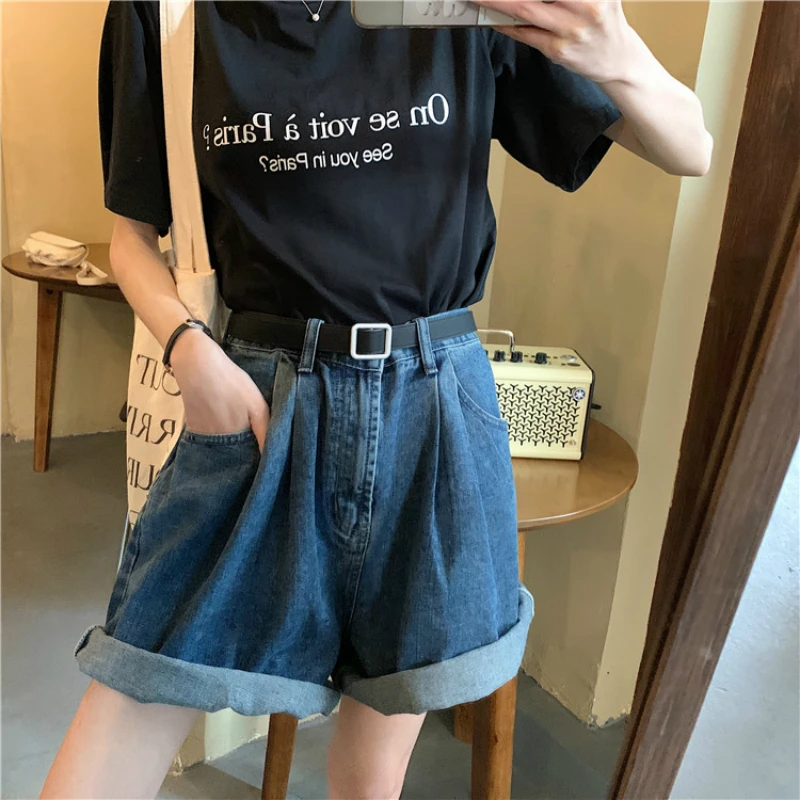 

Шорты женские из денима с завышенной талией, стильные свободные короткие штаны из денима с широкими штанинами, в стиле Харадзюку, лето