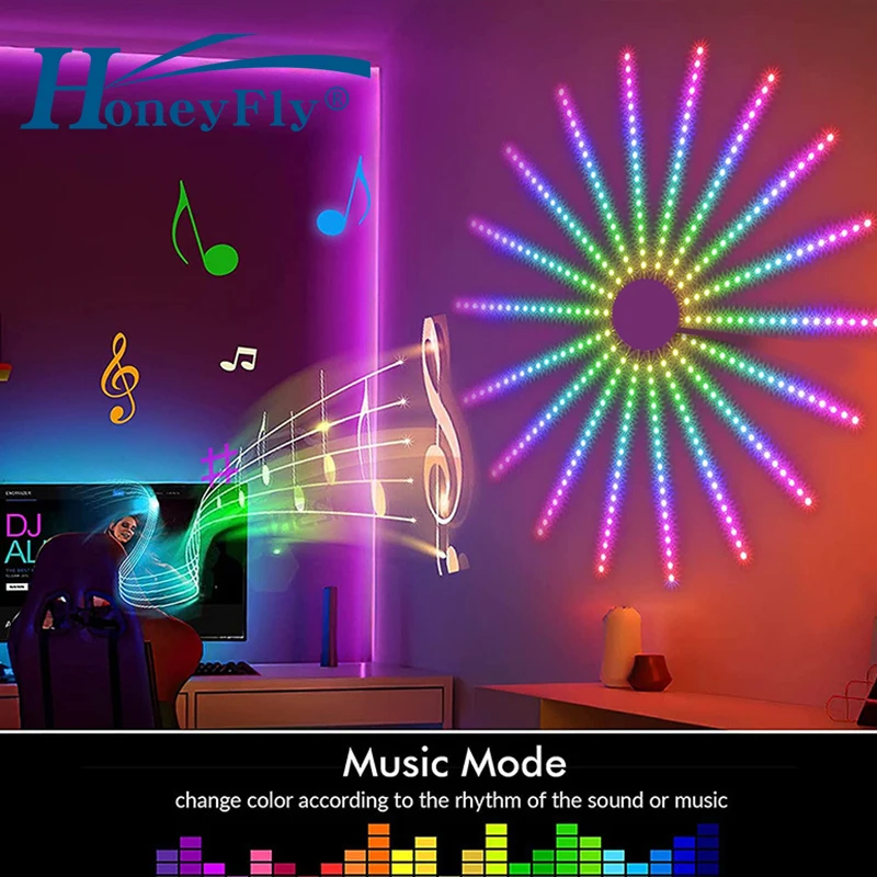 HoneyFly Fireworks LED Strip Light RGB Dynamic DIY Festoon Fairy Light 16pcs 60cm Music App Control Meteor Wall Lamp Christmas