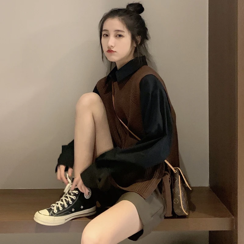 Женский трикотажный свитер на шнуровке Повседневный пуловер без рукавов джемпер