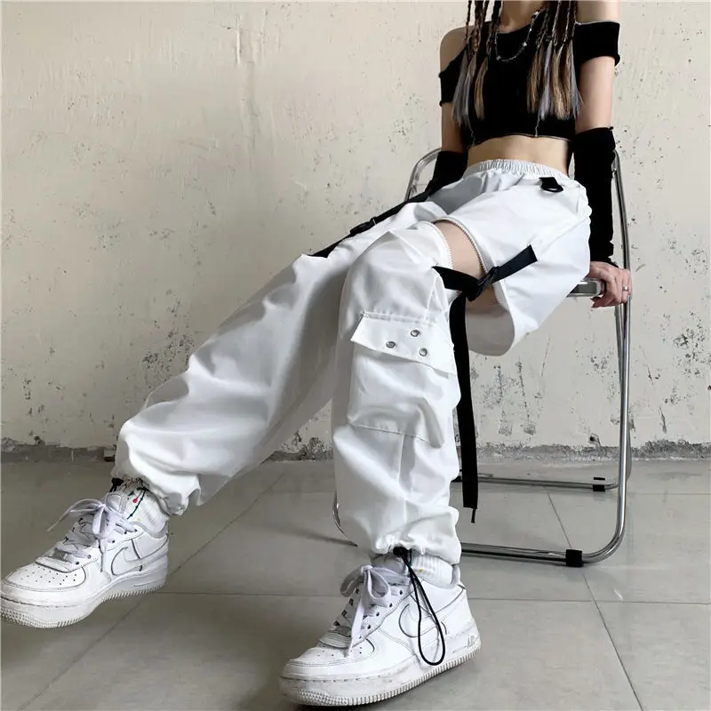 

White Streetwear Cargo Pants Women Y2k Harajuku Loose Patchwortk High Waist Trousers Casual Removable Techwear Korean