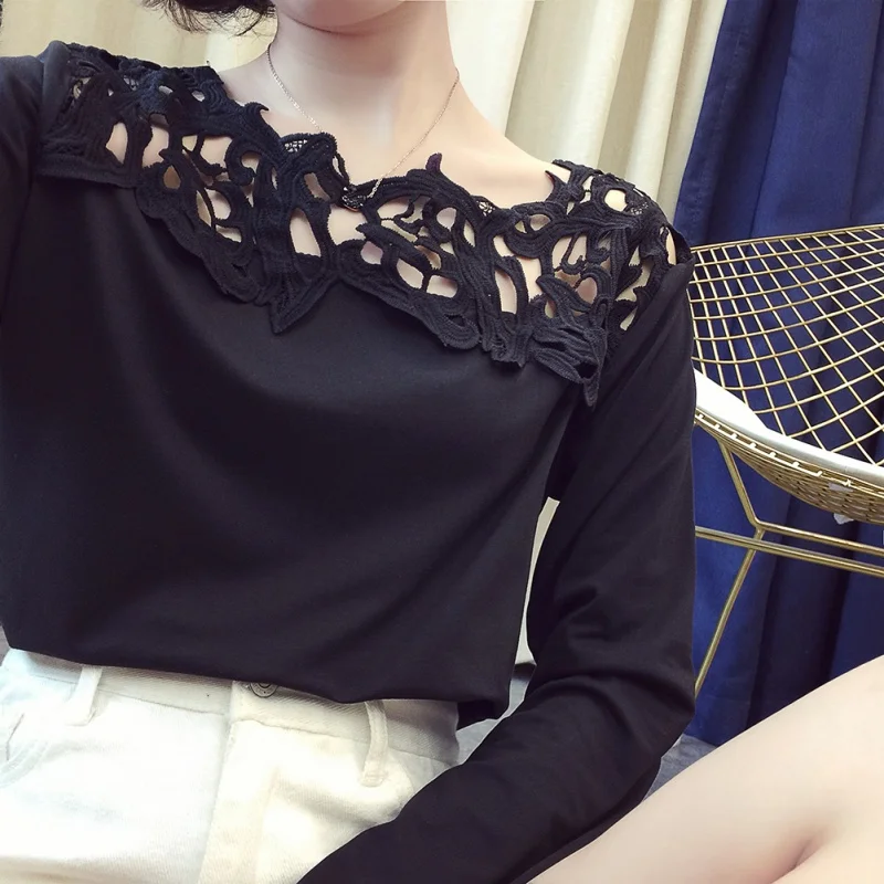 

Sweet Women Slim Sexy Lace Hollow out Blouse Autumn Spring Long Sleeve White Black Color Shirt Women Tops and Blouses