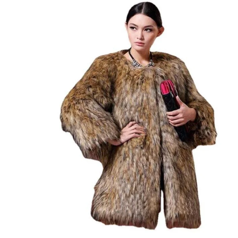 New style fox fur coat womens ladies mid-length imitation raccoon round neck nine-quarter sleeves slim fit autumn winter brown