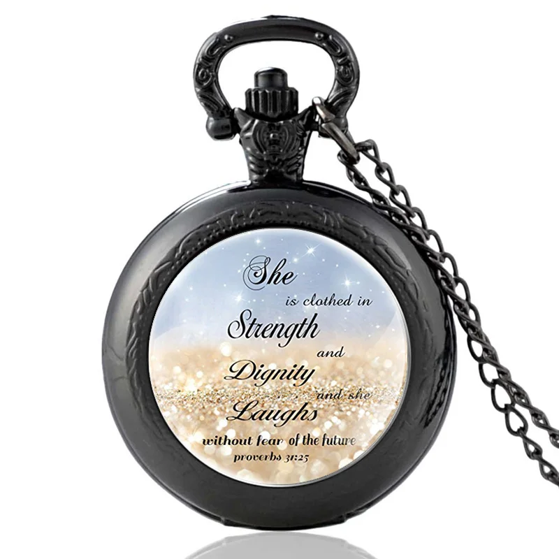 

Bible Verse Quote "She Is Clothed In Strength And "Vintage Quartz Pocket Watch Men Women Pendant Necklace Hours Clock Decorate
