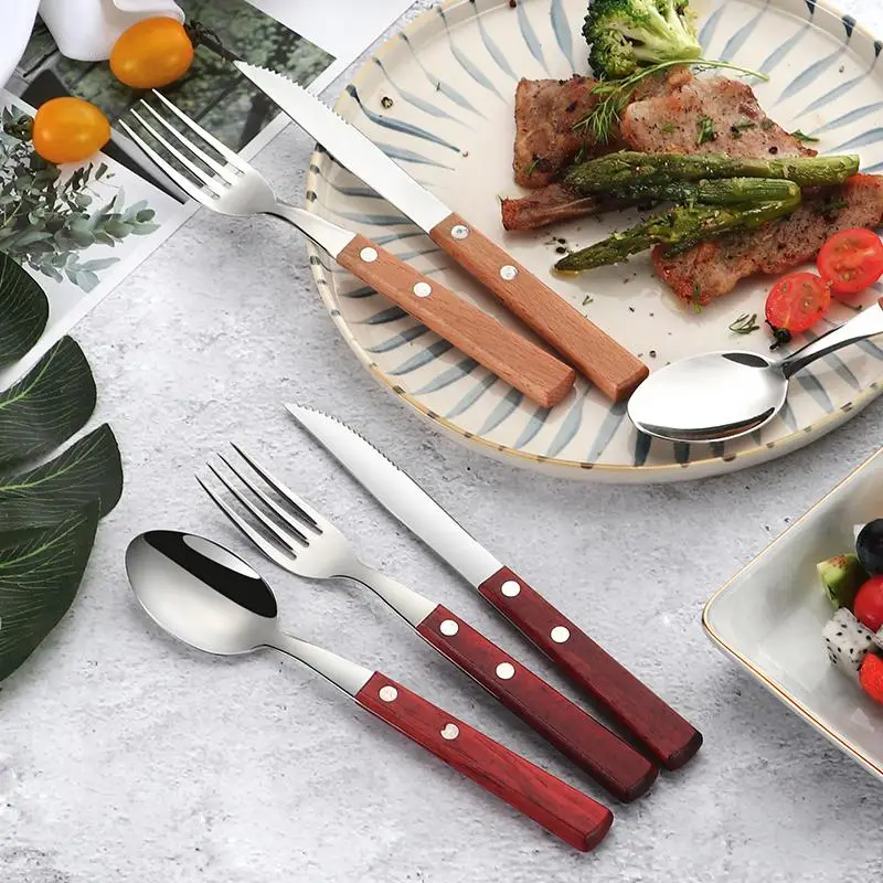 

4 Pcs Western Dinnerware Set Stainless Steel Cutlery Set With Rosewood/Mahogany Handle Fork Knife Spoon Bento Dishes Tableware