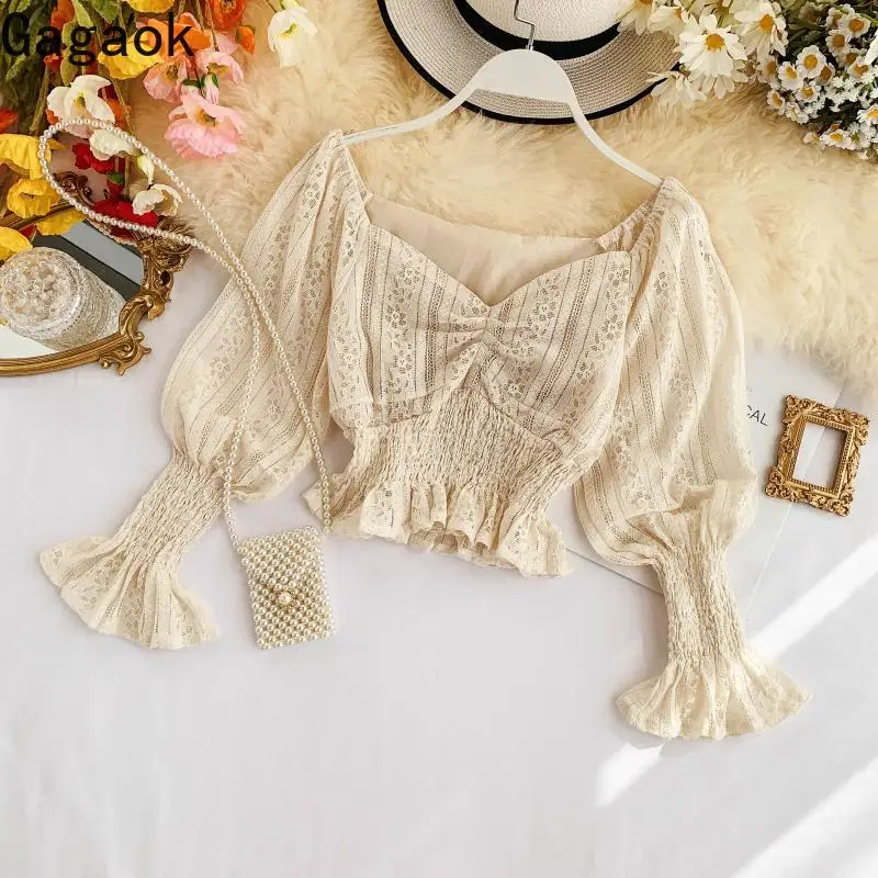 Женская кружевная блузка Gagaok весенне осенняя однотонная с v образным вырезом и рукавами фонариками короткий
