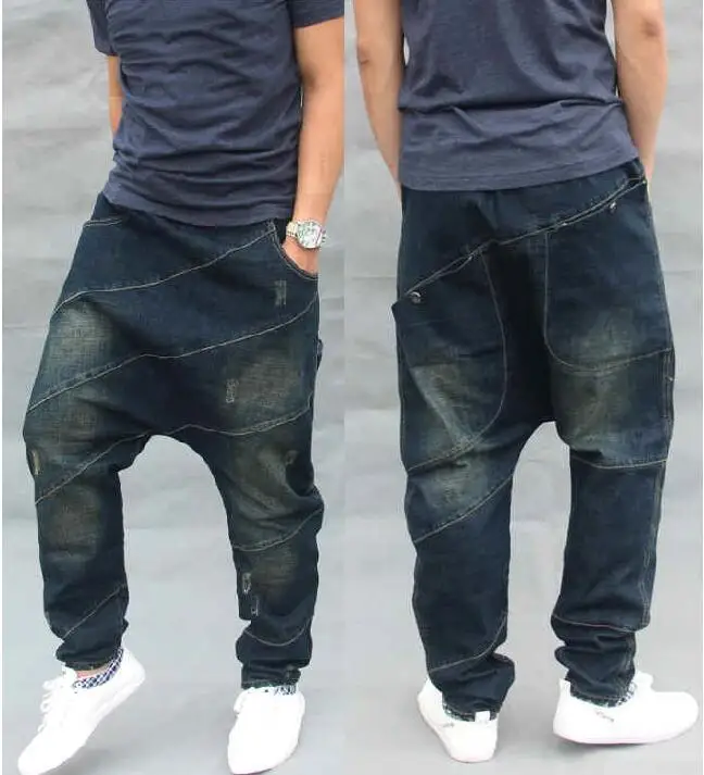 Men Loose Baggy Jeans Hip Hop Harem Jeans Elastic Waist  Drawstring Male Denim Cross-pants Casual Denim Pants