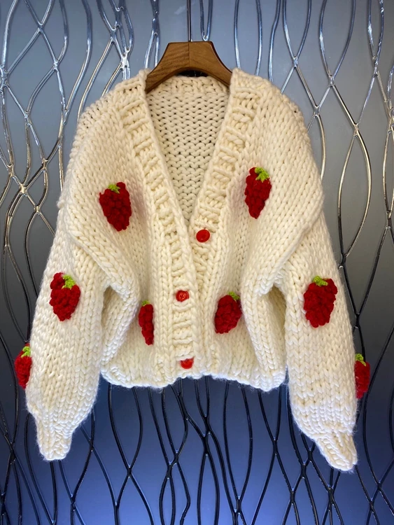 

2021 new women fashion V-neck color matching knitting crochet fruit pattern long-sleeved all-match sweater 1116