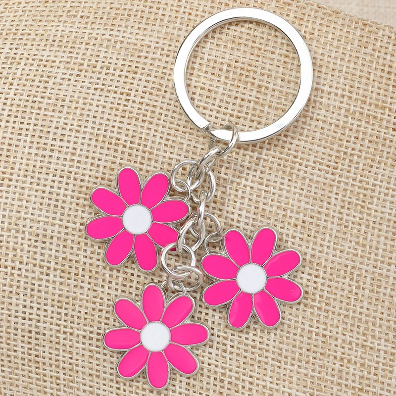 

3 Pcs Fuchsia Enamel Flowers Keychains Girl Flower Bloom Key Chains for Women Bag Pendant Keychain Kid Key Rings Trinket Jewelry
