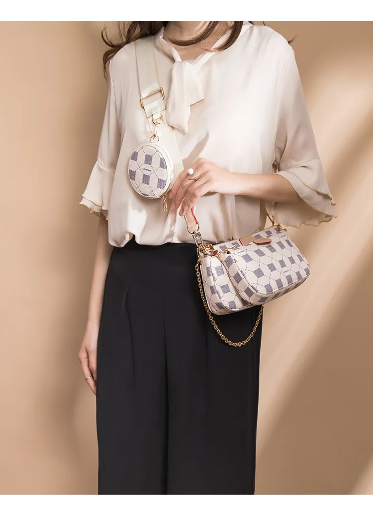 

2021 New 3in1 All-match One-shoulder Diagonal , Satchel Pu White Plaid Handbag Tote Clutch , 9 Inch Shoulder Bag Hobo