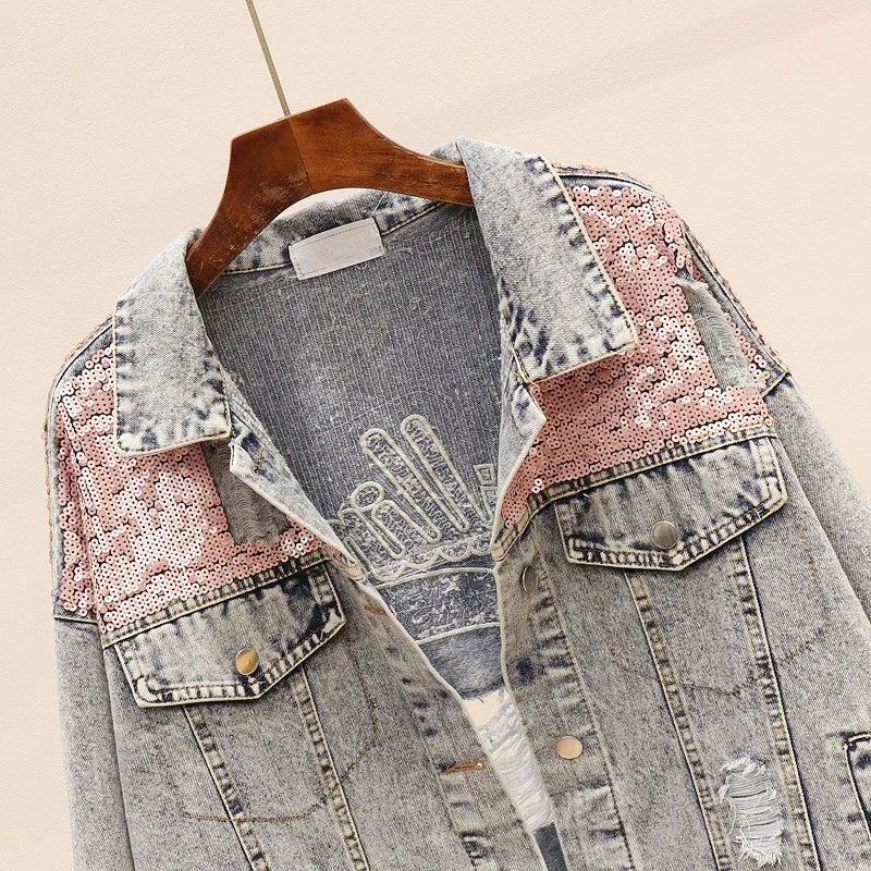 Куртка женская джинсовая с отверстиями и блестками модная базовая верхняя