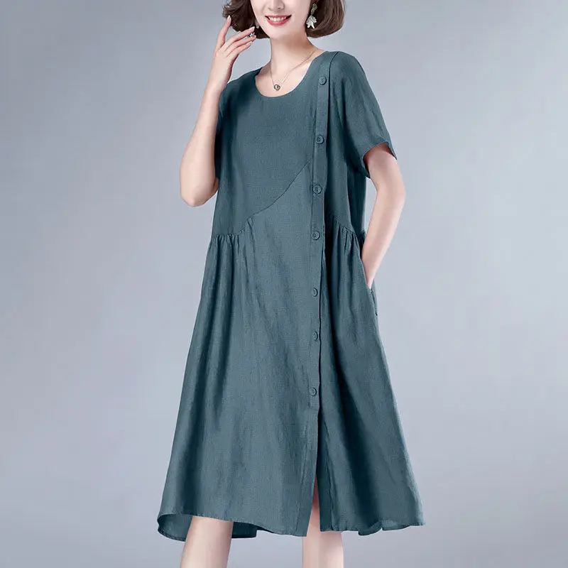 

Женское однобортное платье из хлопка и льна, свободное Повседневное платье большого размера с коротким рукавом, модель aq661 в Корейском стил...