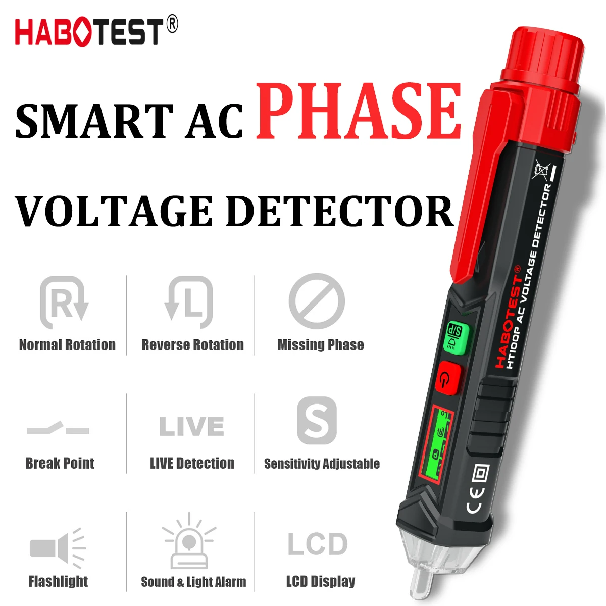 

HABOTEST Smart AC Voltage Meter Indicator Detector Tester Pen Non Contact Sensor 12V-1000V Sensitivity Adjustable Flashlight