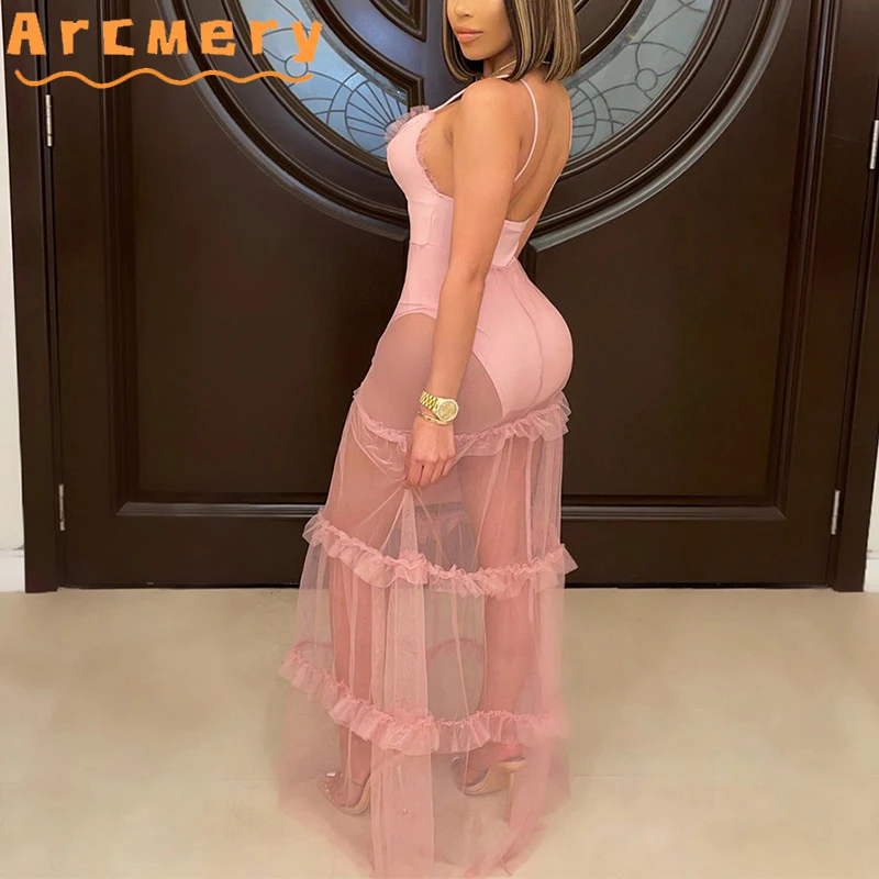 

Women Spaghetti Strap Mesh See Through Maxi Dress