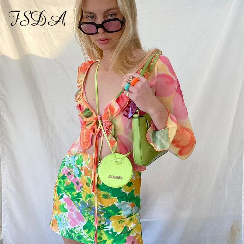 Женская блузка с длинным рукавом и рюшами летняя одежда принтом из сетчатой