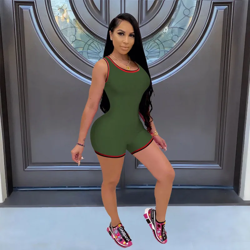 Activewear Color Match Patchwork Short Playsuits Women Sexy Low Neck Sleeveless One Piece 2021 Workout Sporty Skinny Rompers New