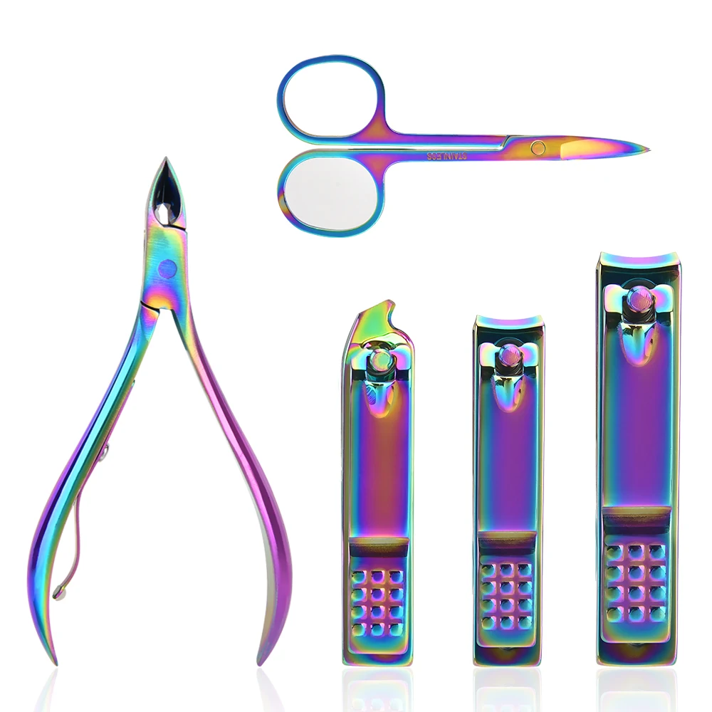 Newest Rainbow Chameleon Manicure Nail Kits Stainless Steel Clippers Cutter Pliers Sanding File Acne Needle Toenail Grooming Set