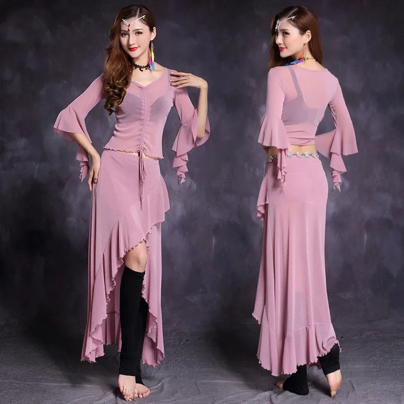 Костюм женский для танца живота длинный с волнистыми краями и рукавами-бабочками