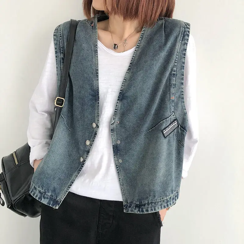 

Denim Vest Women's Personality Fashion All-Match Sleeveless Jeans Waistcoat Korean Loose V-Neck Jacket Spring Autumn Tops zh22