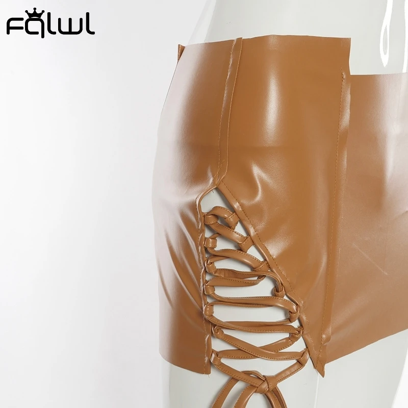 

FQLWL Pu Leather Sexy Bodycon Two Piece Set Women Club Outfit Summer Backless Crop Top 2 Piece Skirts Set Ladies Matching Sets