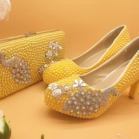 loveincrystal peacock yellow pearl bride wedding shoes womens high heels round toe thin heel party dress shoe and bag set