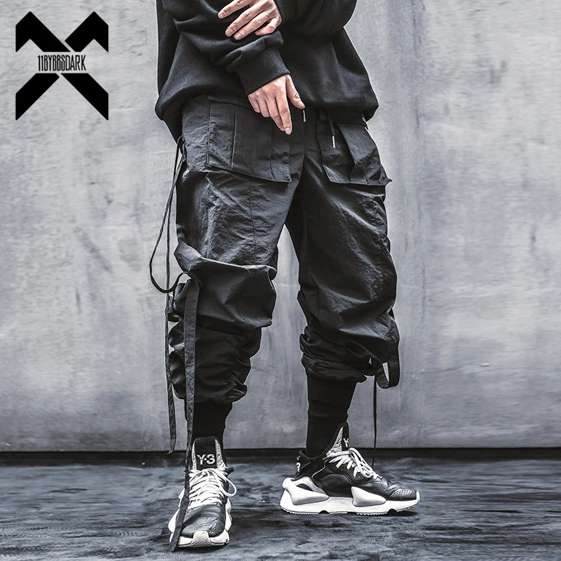 

11 BYBB'S DARK Joggers Pants Men Streetwear Ankle-length Cargo Pants Ribbons Elastic Waist Black Pant Hip Hop Male WB061