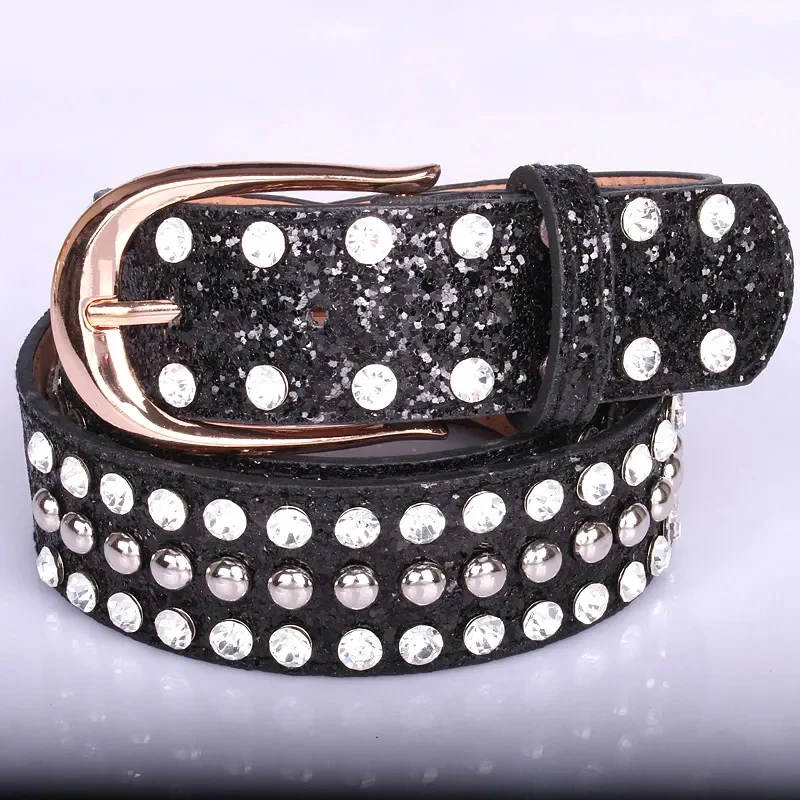 

Luxury diamond belts unisex black leather wide belts boys girls party glitter rhinestone belt 2021 stylish