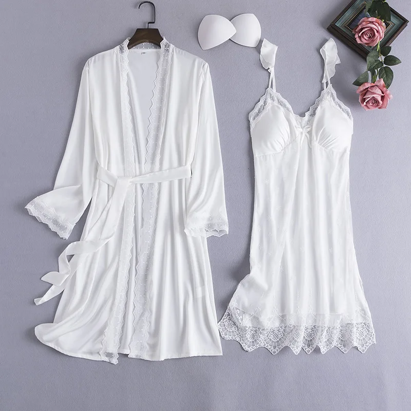 

Spring Autumn New Women Rayon 2PCS Robe Set Sexy Lace Cami Nighty For Bride Satin Sleepwear With Bra Bath Gown Casual Home Wear