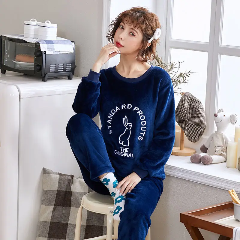 sleepwear women set Пижамы женские большие размеры пижамы из плотной ткани женские теплые длинные осенние пижамы зимний домашний костюм женская пижама домашний L-XXL - Color: sleepwear women set
