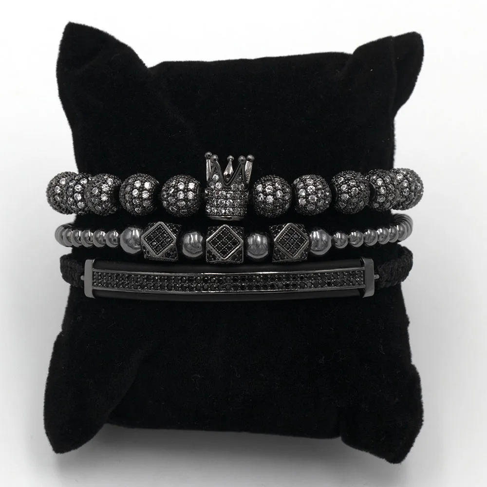 8MM CZ set black Мода роскошный Римский Королевский браслет с шармом с короной для мужчин Золотой Плетеный Регулируемый мужской браслет для хип хоп ювелирный подарок - Metal Color: 8MM CZ set black