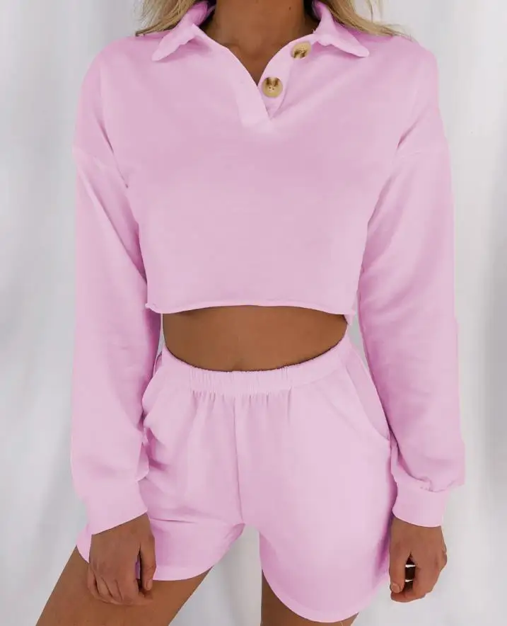 

Осенне-зимний женский спортивный костюм с отворотом и длинным рукавом и шорты, комплект из двух предметов для женщин