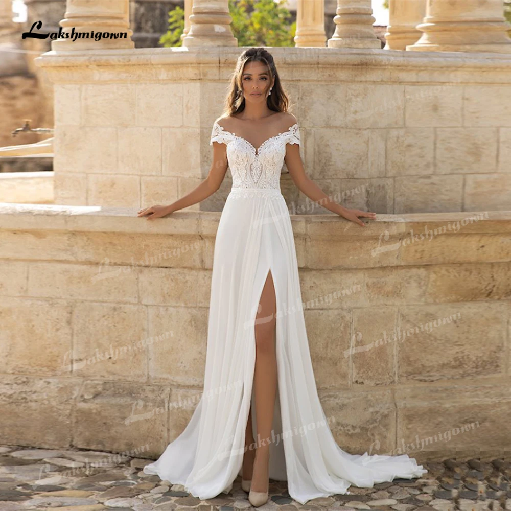

Plus Size Bohemian Boho Wedding Dress Robe De Mariee Side Slit Chiffon Lace Beach Long Bride Dresses Sheer Neck Cap Sleeves