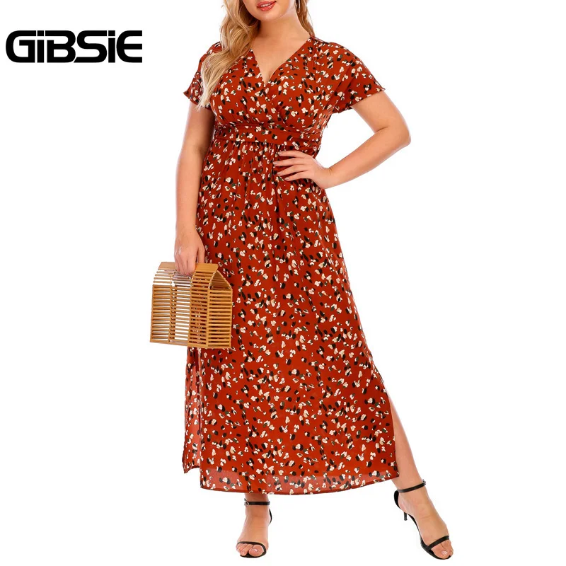 GIBSIE верхняя часть шеи поясом принт Разделение длинное платье для женщин летние