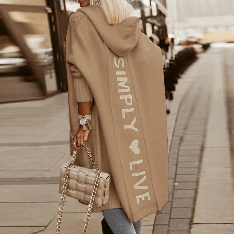 Кардиган женский вязаный с капюшоном свободный свитер надписью длинный рукав