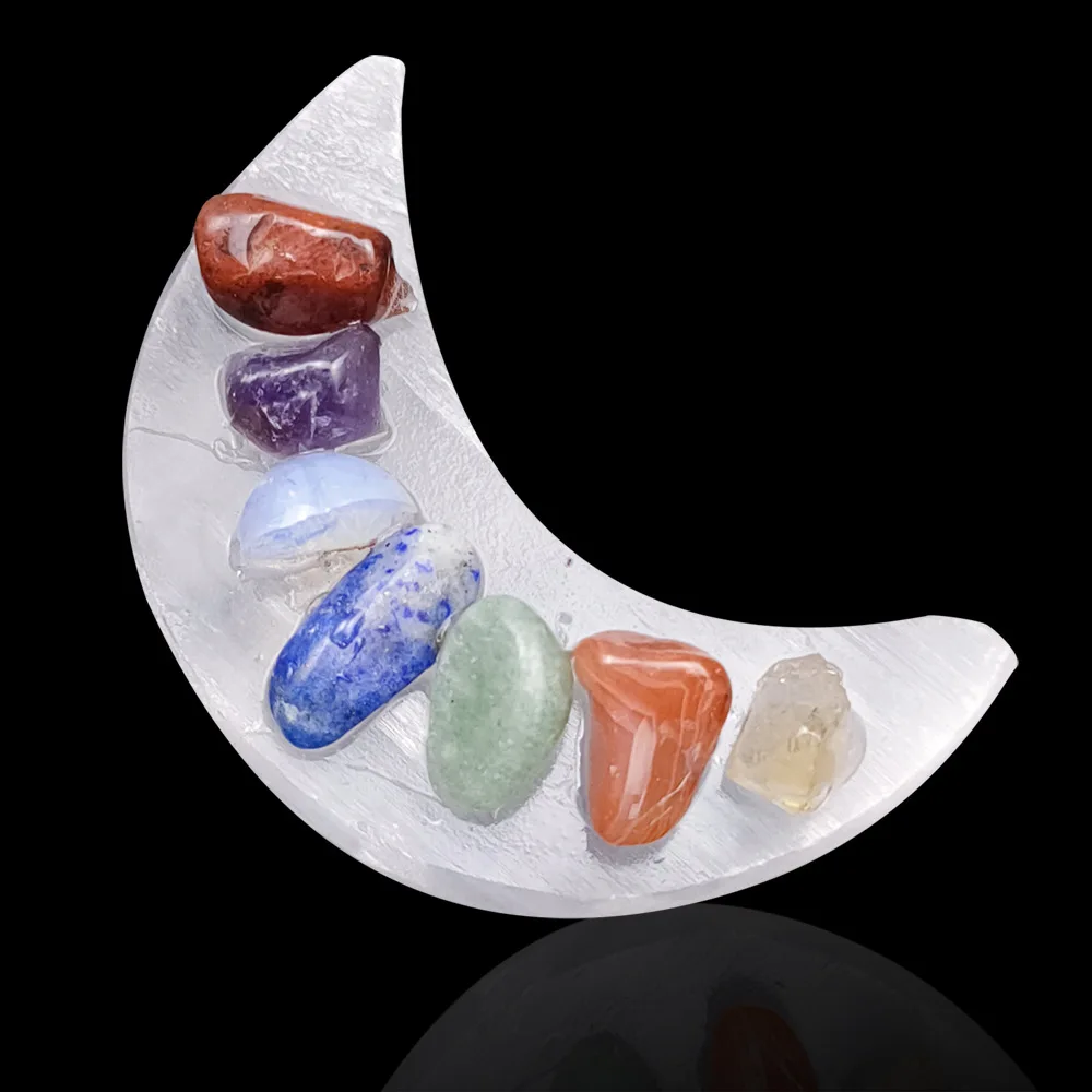 

Gypsum Moon Seven Chakras Box Natural Gypsum Gemstone Beads Stone Decoration Crescent Mini Crushed Ornaments