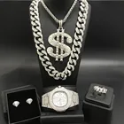 Роскошные мужские часы серебряного цвета, ожерелье, браслеты, кольца и серьги, комплект с кубинским кристаллом, ювелирные изделия в стиле хип-хоп для мужчин