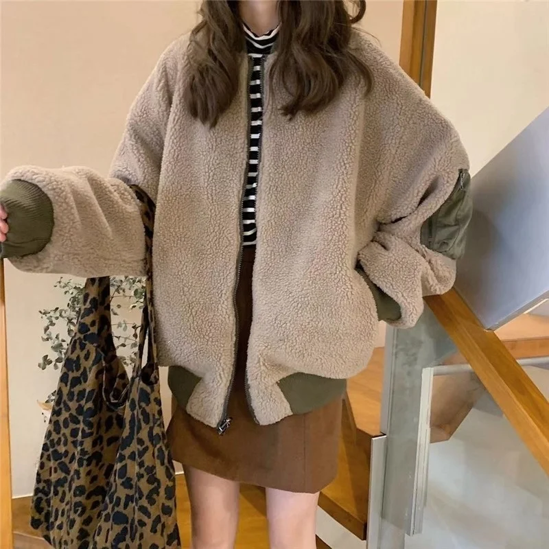 

2021autumn Winter Clothing Retro Army Green Lamb Fur Positive Negative Reversible Cottonpadded Coat Female Fashion Rac
