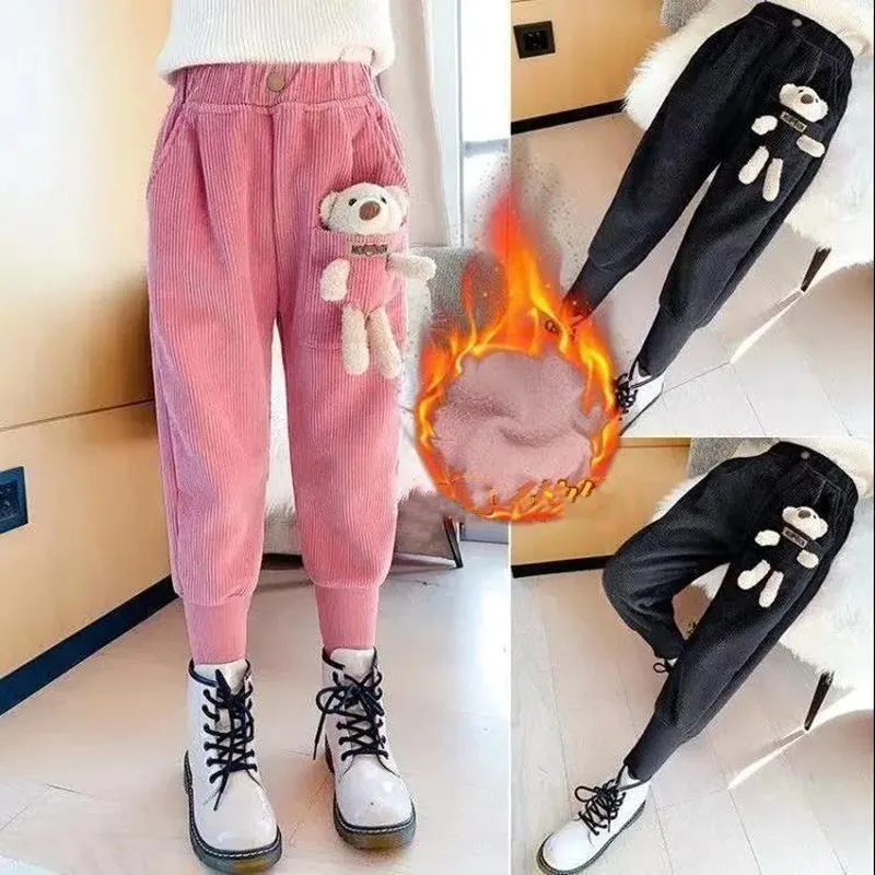 

Осенне-зимние детские хлопковые спортивные брюки для девочек, повседневные милые шаровары с медведем для девочек-подростков, детские брюки...