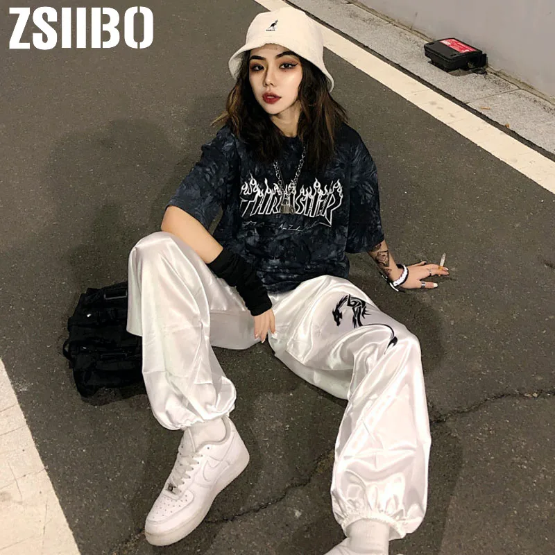 Женские брюки с принтом дракона белые спортивные штаны высокой талией и