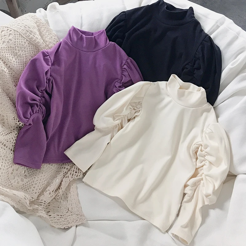 

Spring Autumn Turtleneck Puff Sleeve Top For Girl Children Outwear T-shirt Kids Clothes Sweatshirt Clothing For Girls