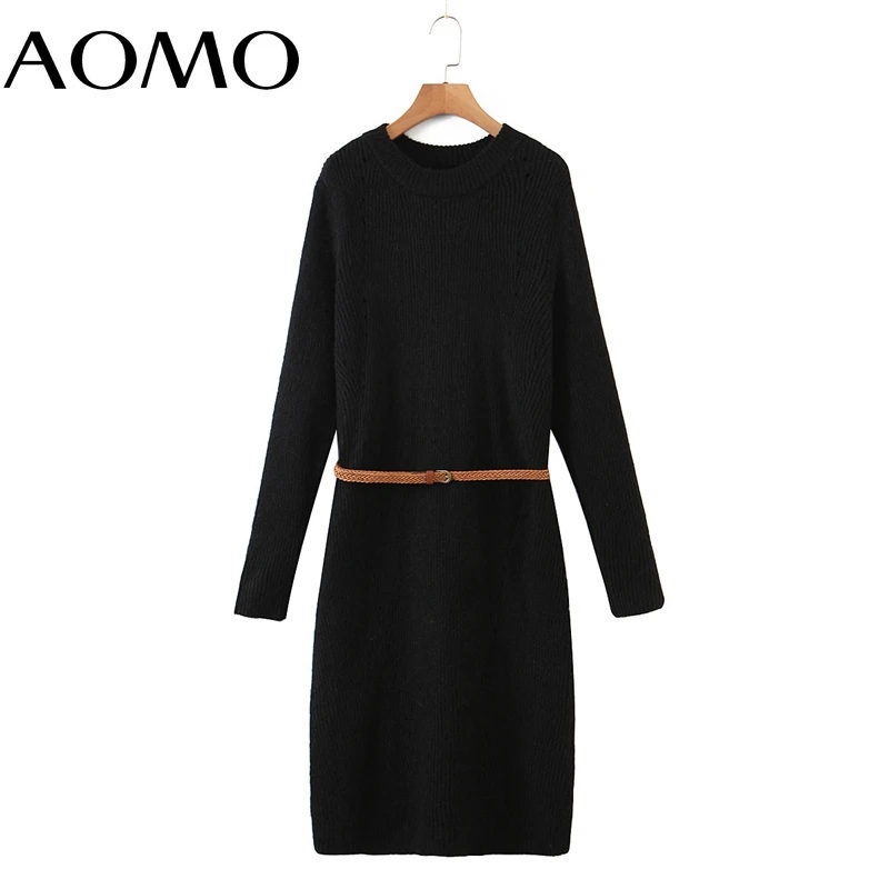 

AOMO Fashion Women Solid Elegant Sweater Dress with Belt Loose Long Sleeve O Neck Ladies Warm Midi Dress 8H169A