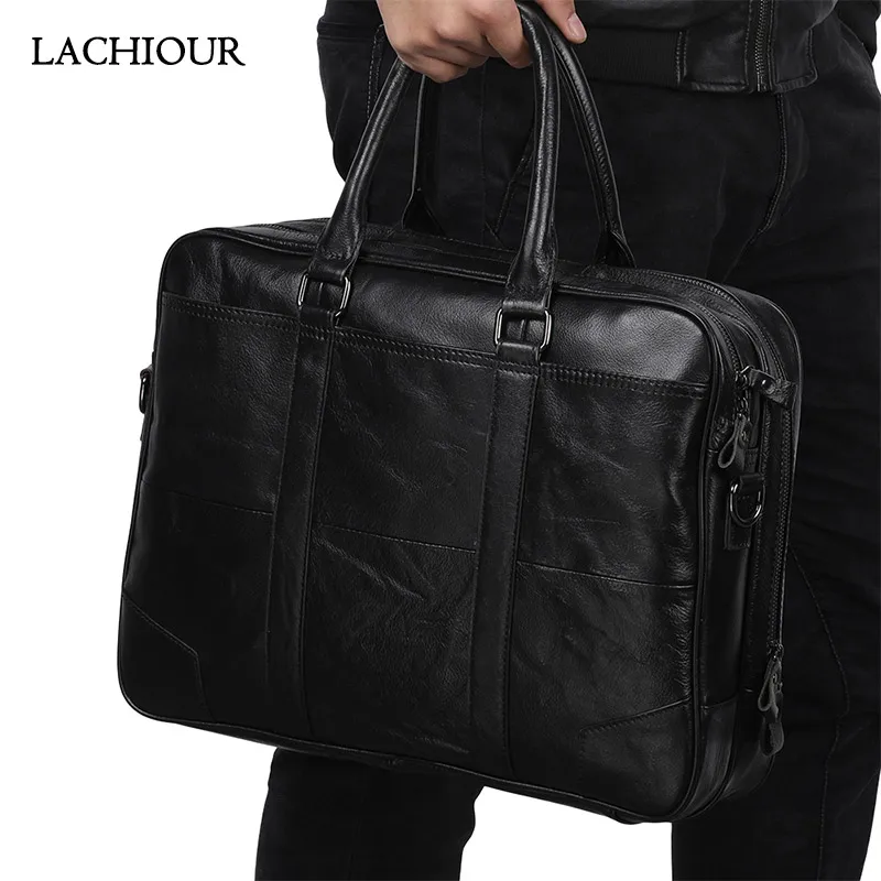 lachiour genuine leather briefcase high qaulity men real cowhide leather handbags male business office a4 laptop bag travel tote free global shipping