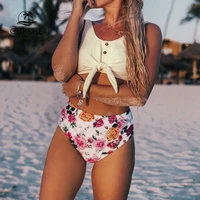 cupshe solid tie front tank and floral high waist bikini sets 2021 swimwear women boho button two pieces swimsuits bathing suit