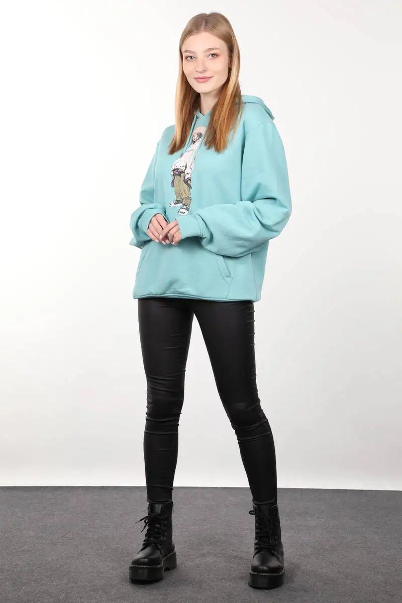 

Buz Yeili Baskl Kaponlu Oversize Kadn Sweatshirt