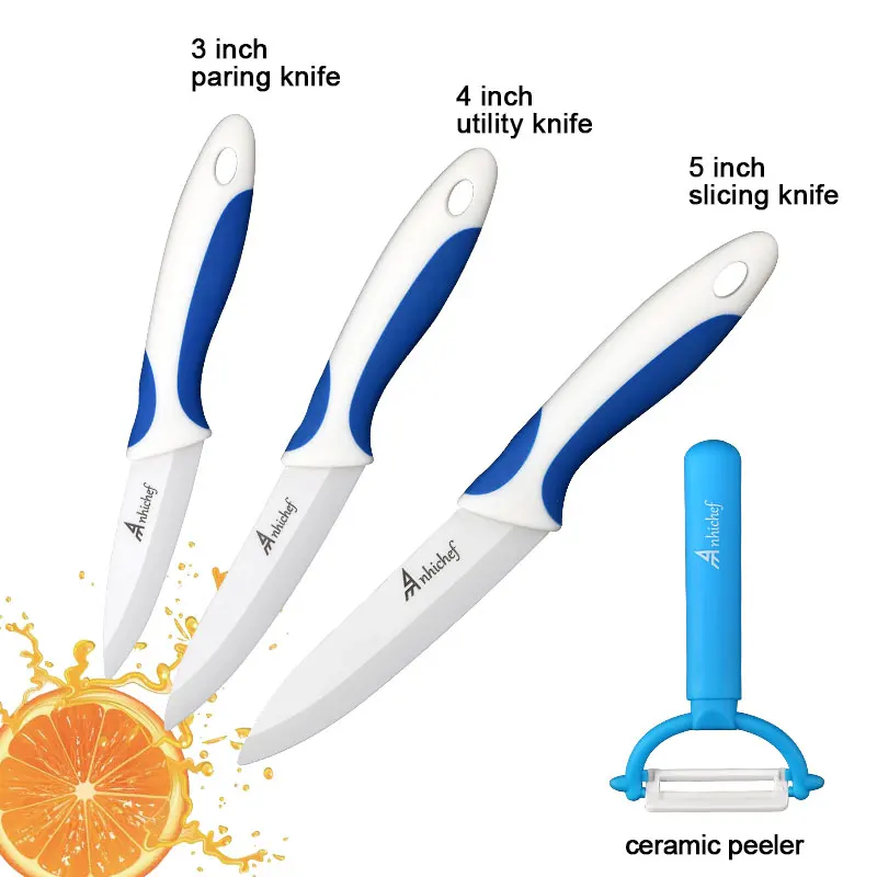 3 Blue White Set Кухонный нож, керамические ножи, 3, 4, 5, 6 дюймов+ Овощечистка, белое лезвие, для очистки овощей, фруктов, шеф-повара, набор ножей, инструменты для приготовления пищи - Цвет: 3 Blue White Set